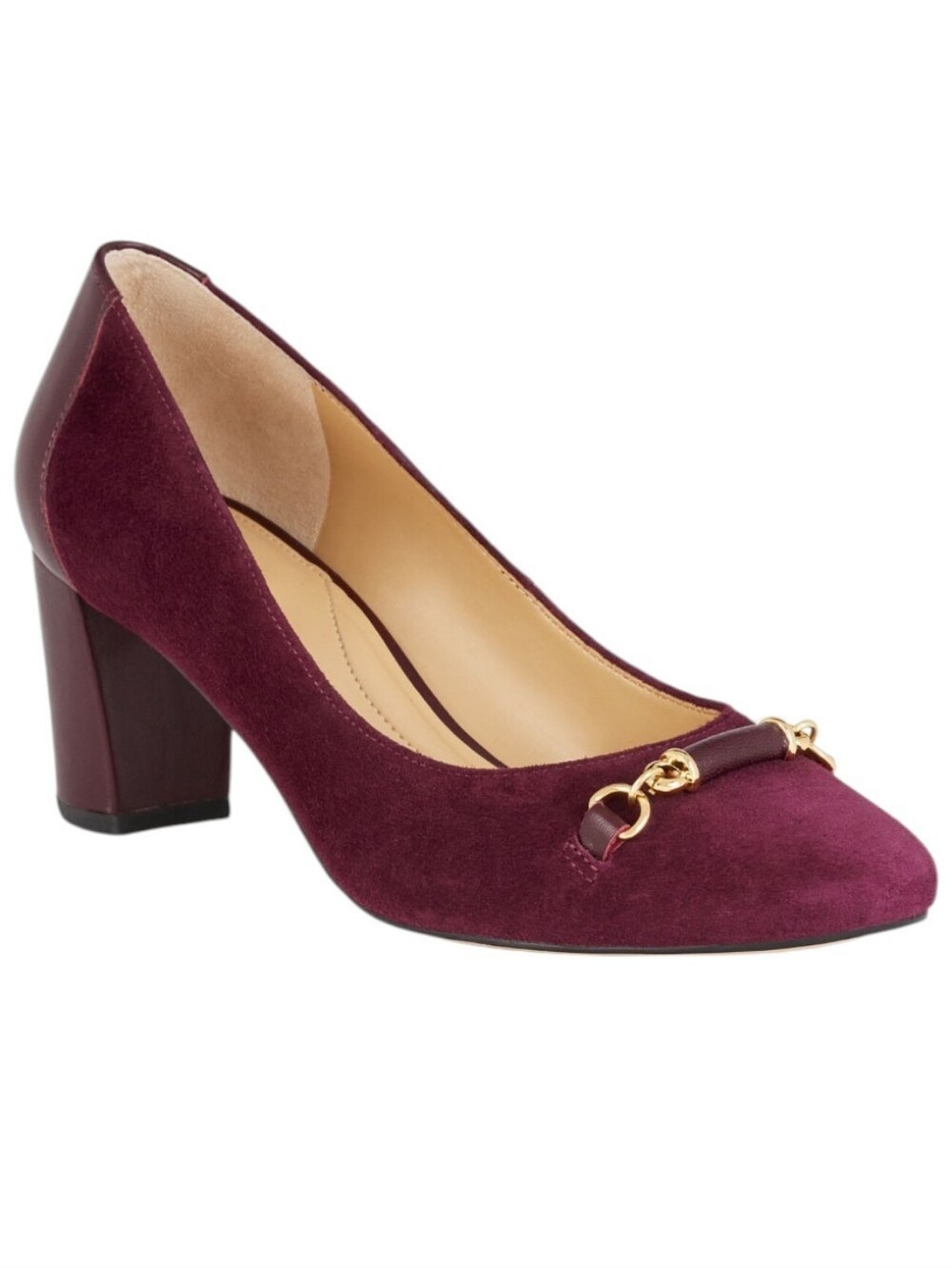 Talbots Ellery Bit Suede Block Heel Leather Pumps Pomegranate Burgundy Gold 7.5